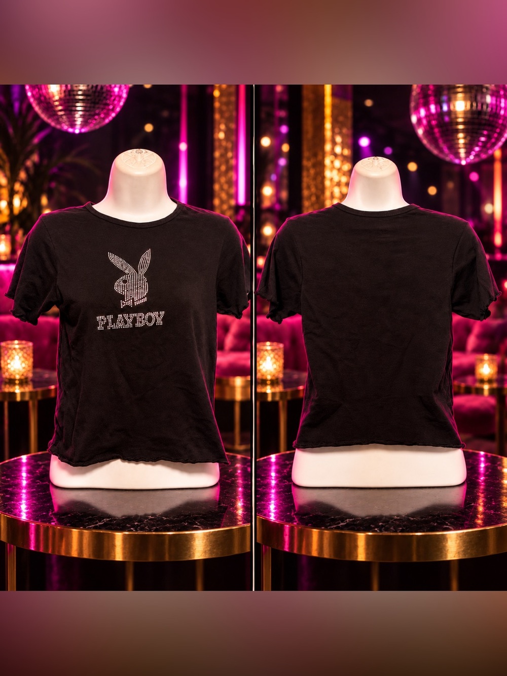 Playboy Rhinestone Bunny Black Baby Tee Size Large